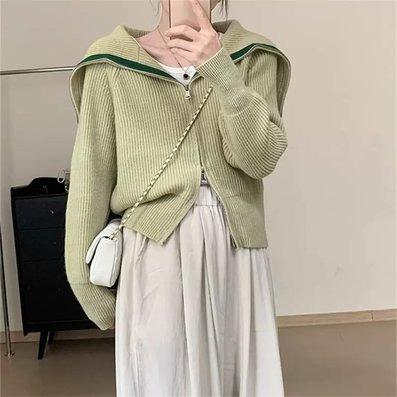 设计感大翻领拉链撞色毛衣开衫2024秋季新款女装韩版显瘦针织上衣