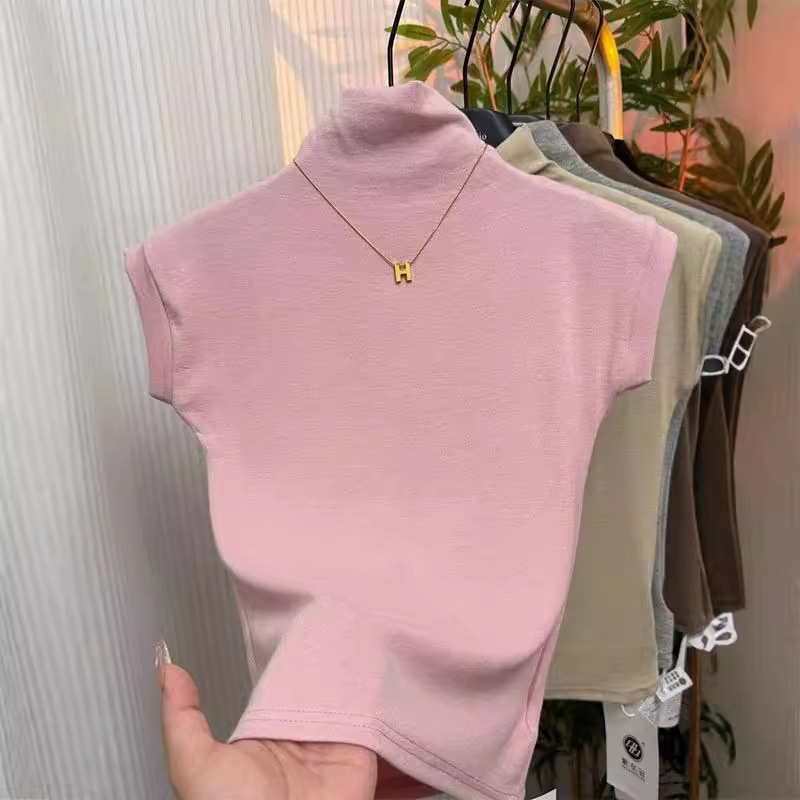 Solid Color Half-High Collar Flutter Sleeve Top T-Shirt for Women, Fashionable, Age-Reducing, Versatile, Slimming, Inner Layering Shirt with a Sense of Design