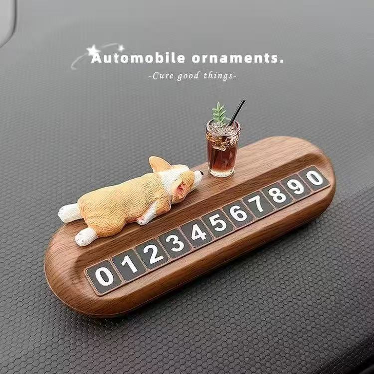 Cute Corgi Car Parking Number Plate, Luxurious Wood Grain Car Interior Temporary Parking Number Plate, Car Moving Number Retainer