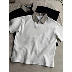 千鳥格子パッチワークポロシャツ半袖メンズアメリカンオールドマネースタイルショルダーTシャツクリーンフィットラペルハーフスリーブ
