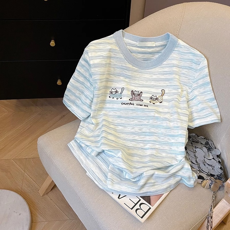 韓国スタイルのコントラストストライプ漫画刺繍半袖Tシャツ、女性用夏デザイン、年齢を軽減する、ゆったりとしたカジュアルで多用途なトップス|undefined