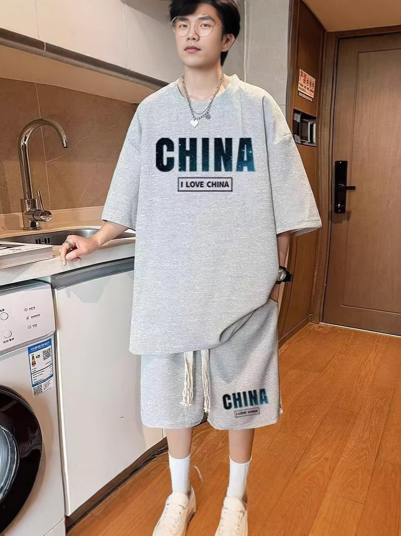 Camisas menos ropa verano para hombres nuevo waffle traje de manga corta deportes casuales de dos piezas en uno guapo y suelto