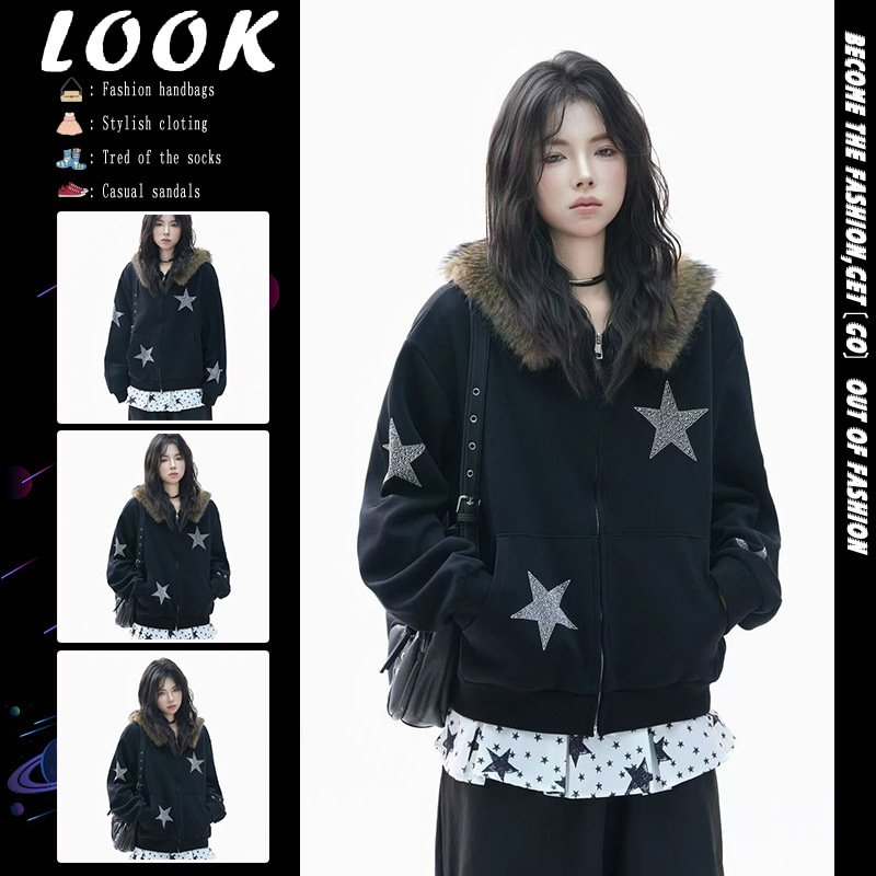 American Retro Style Fur Collar Star Print Hooded Jacket for Women High Street Trendy Niche Versatile Cardigan Sweatshirt Fleece Sweater