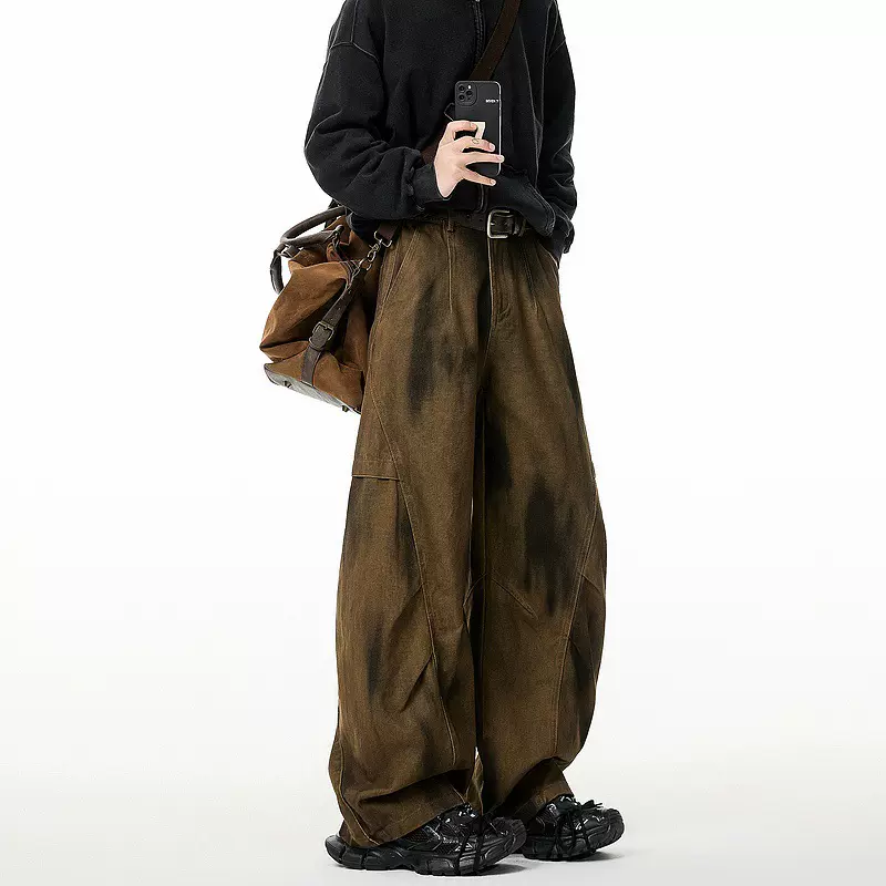 高级感扎染做旧牛仔裤男vintage复古阔腿休闲裤百搭休闲牛仔裤男