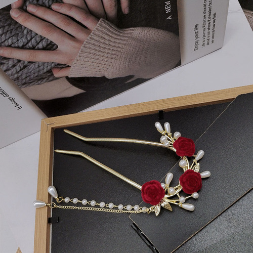 Antique rose fringe pearl side U-shaped hairpin retro bridal toast dress headdress alloy hairpin hairpin