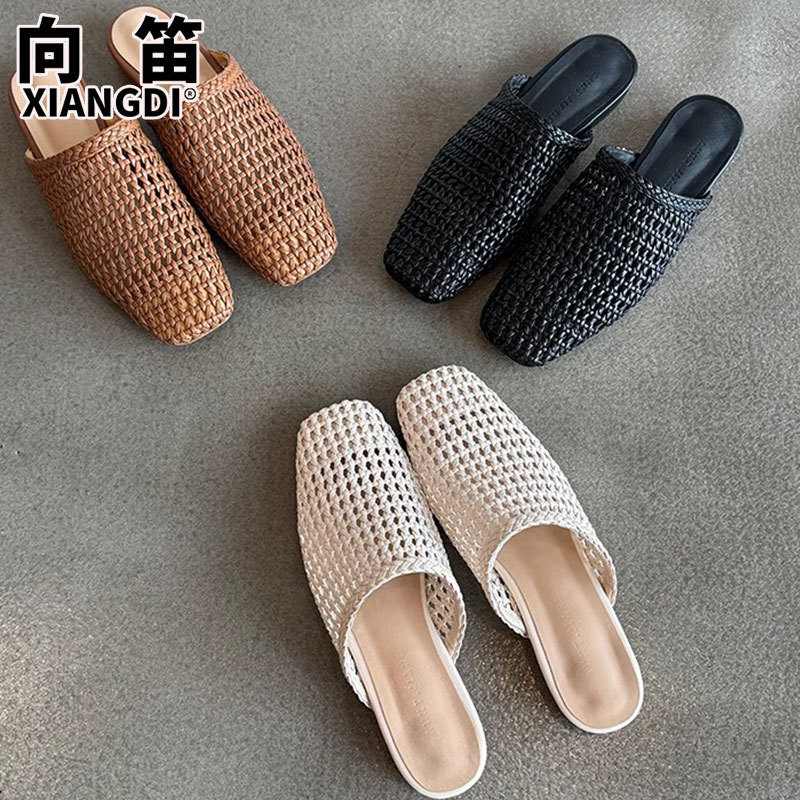 Sheepskin Handmade Woven Baotou Half Slippers Women's Summer Outwear Breathable Hollow-out Hole Shoes Flat Sandals