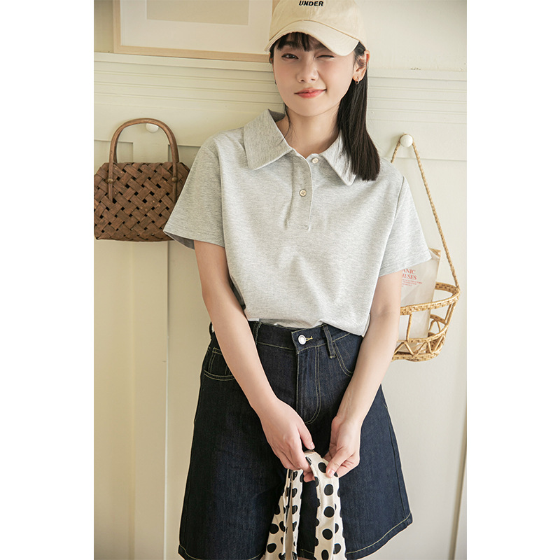 Huang Zheng Japanese Style Grey POLO Collar Short-sleeved T-shirt Women's 2025 Spring and Summer New Loose Casual All-match Half-sleeved Top
