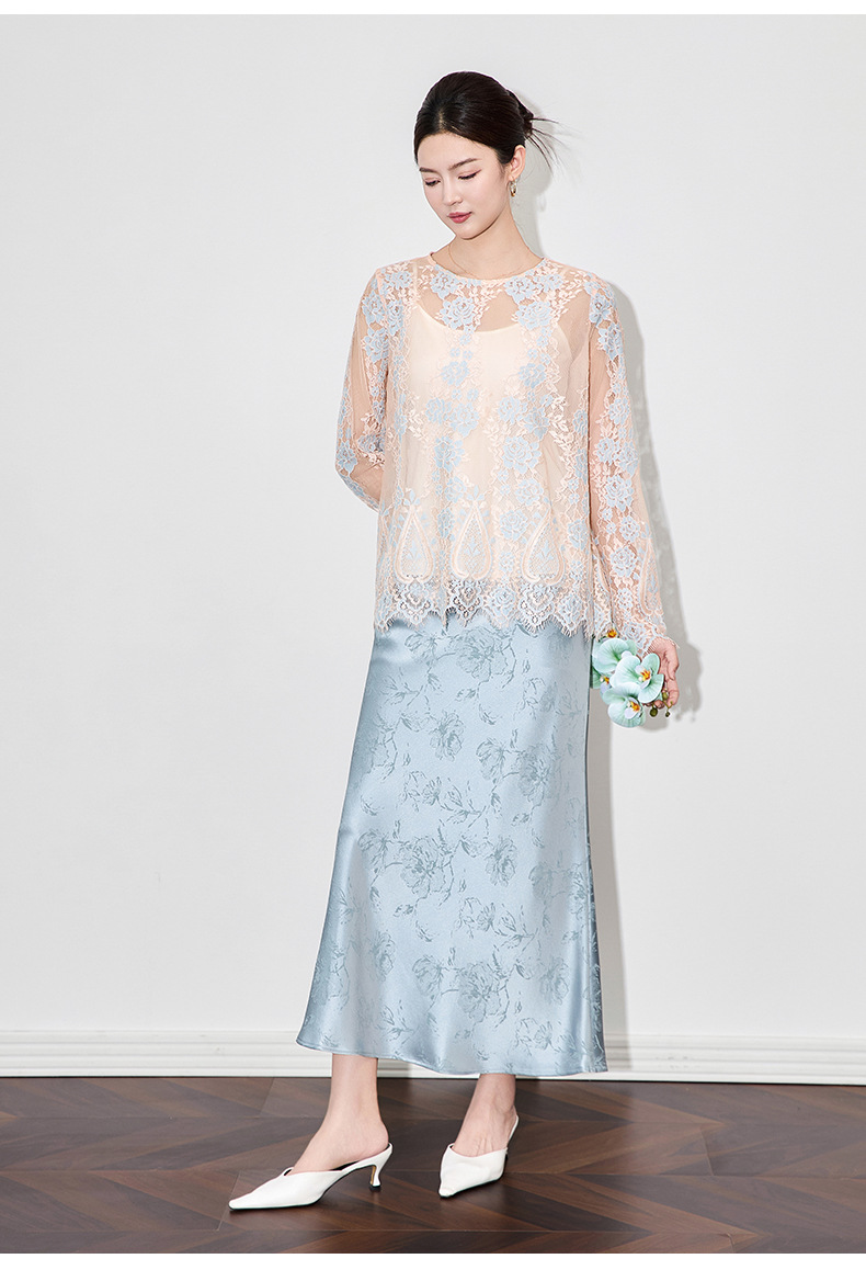 Áo sơ mi ren jacquard phong cách Pháp thanh lịch tay dài — Màu hồng chi tiết 10