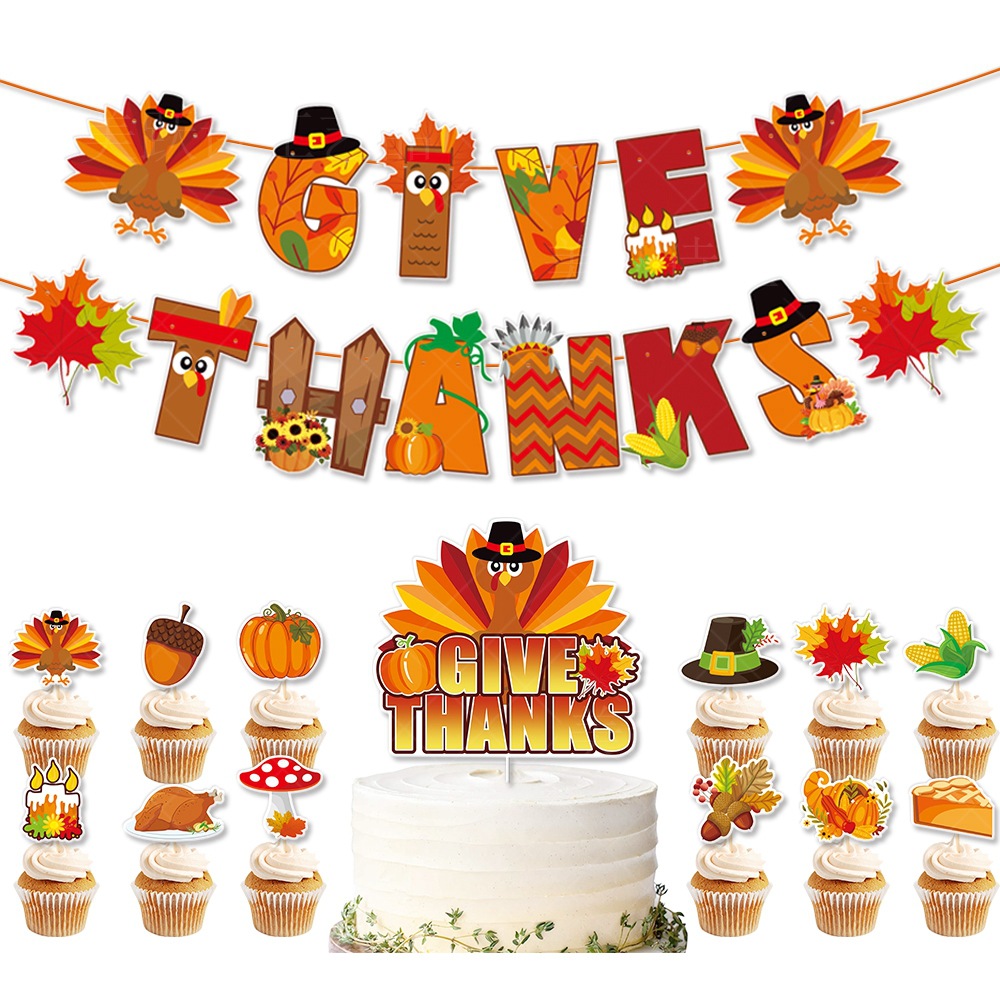 Nueva decoración de Acción de Gracias dar gracias tire bandera Turquía pastel plug-in otoño decoraciones del partido