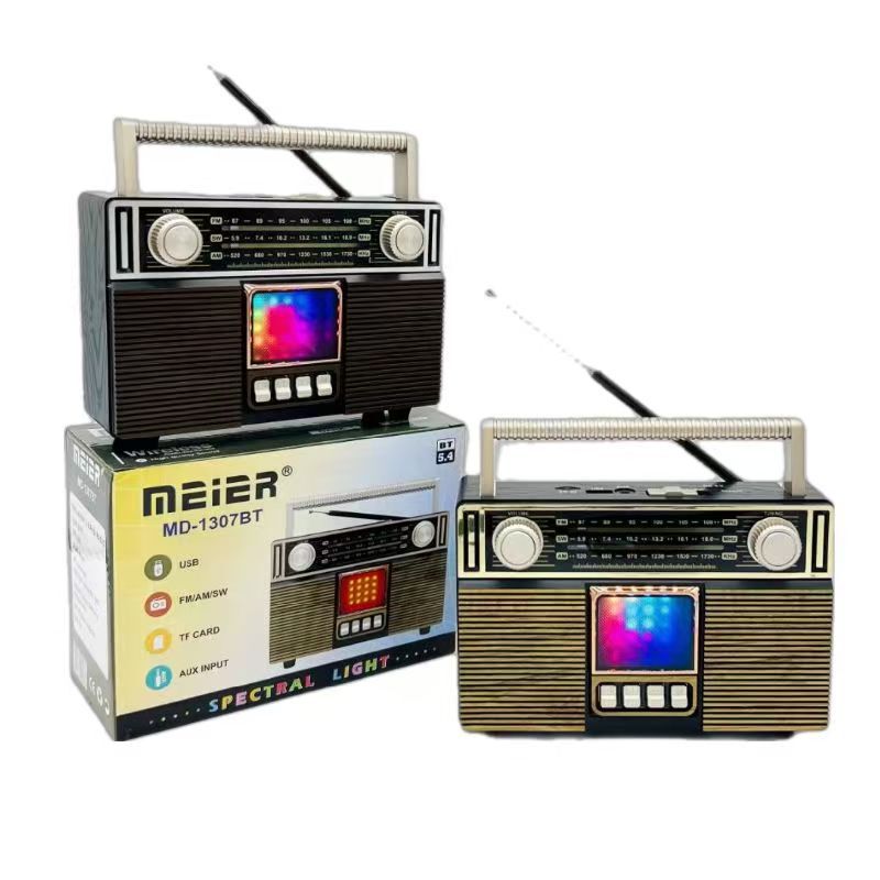 New Retro MD-1307BT Portable Bluetooth Speaker Colorful Light Outdoor Three-segment FM Radio with Antenna