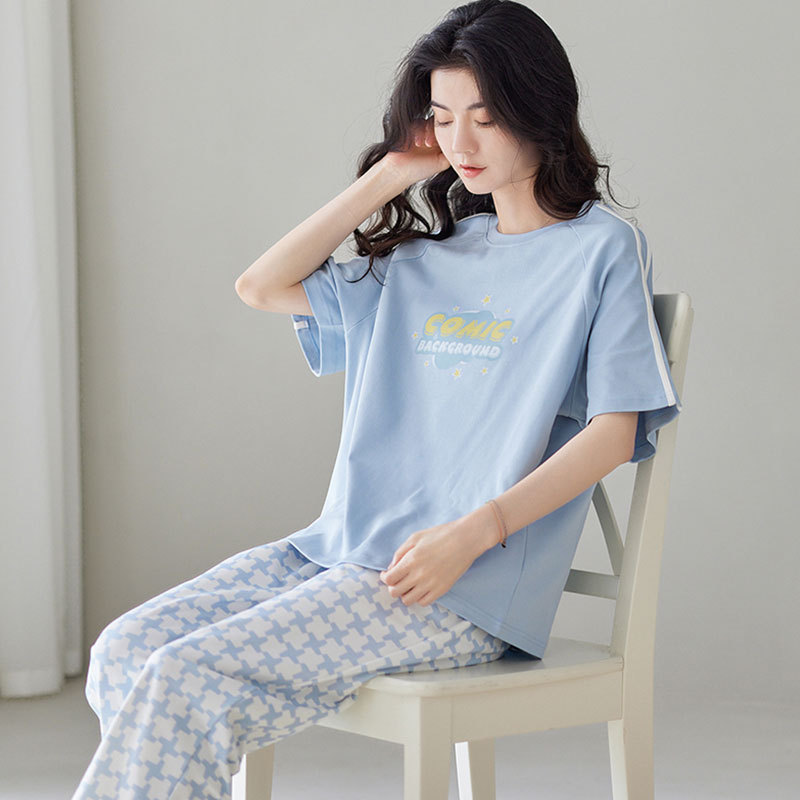 2025 Summer Cotton Short-sleeved Pants Pajamas Women's Cute Student Home Clothes Outwear Breathable Women's suit