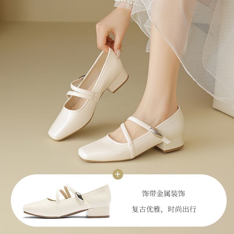 2026 verano nuevo zapatos de tacón alto, zapatos de cuero de tacón grueso plateado francés de alta calidad, zapatos de mujer Mary Jane