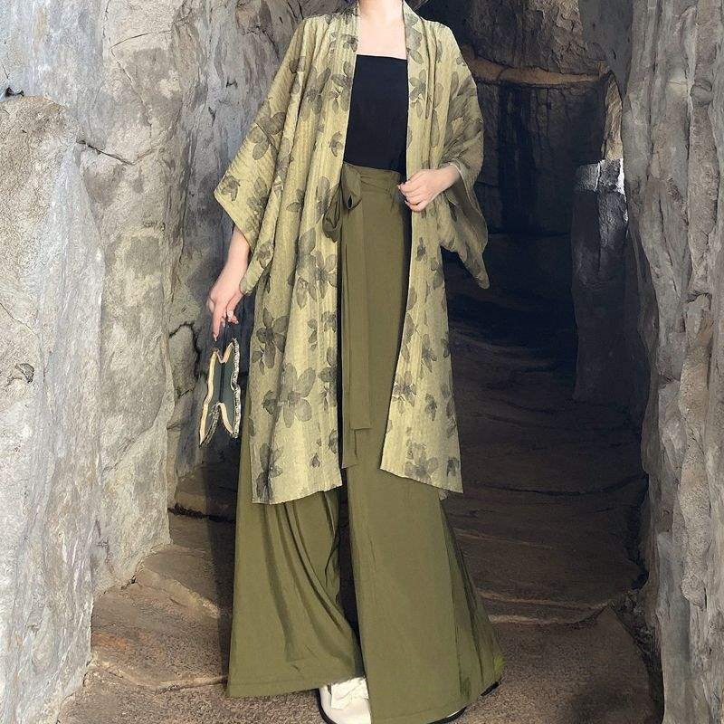 New Chinese style, everyday wear, slimming effect, long pants, Song Dynasty style, improved Hanfu, suitable for commuting, traditional Chinese clothing, simple and Zen-inspired tea dress, Chinese style