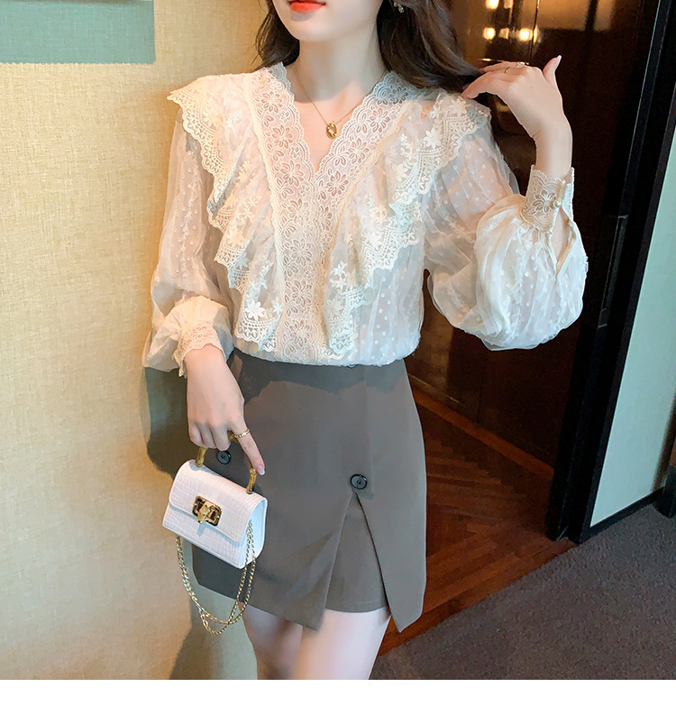 2023春季新款V领荷叶边衬衫女长袖蕾丝衫上衣温柔韩版仙女上衣详情13