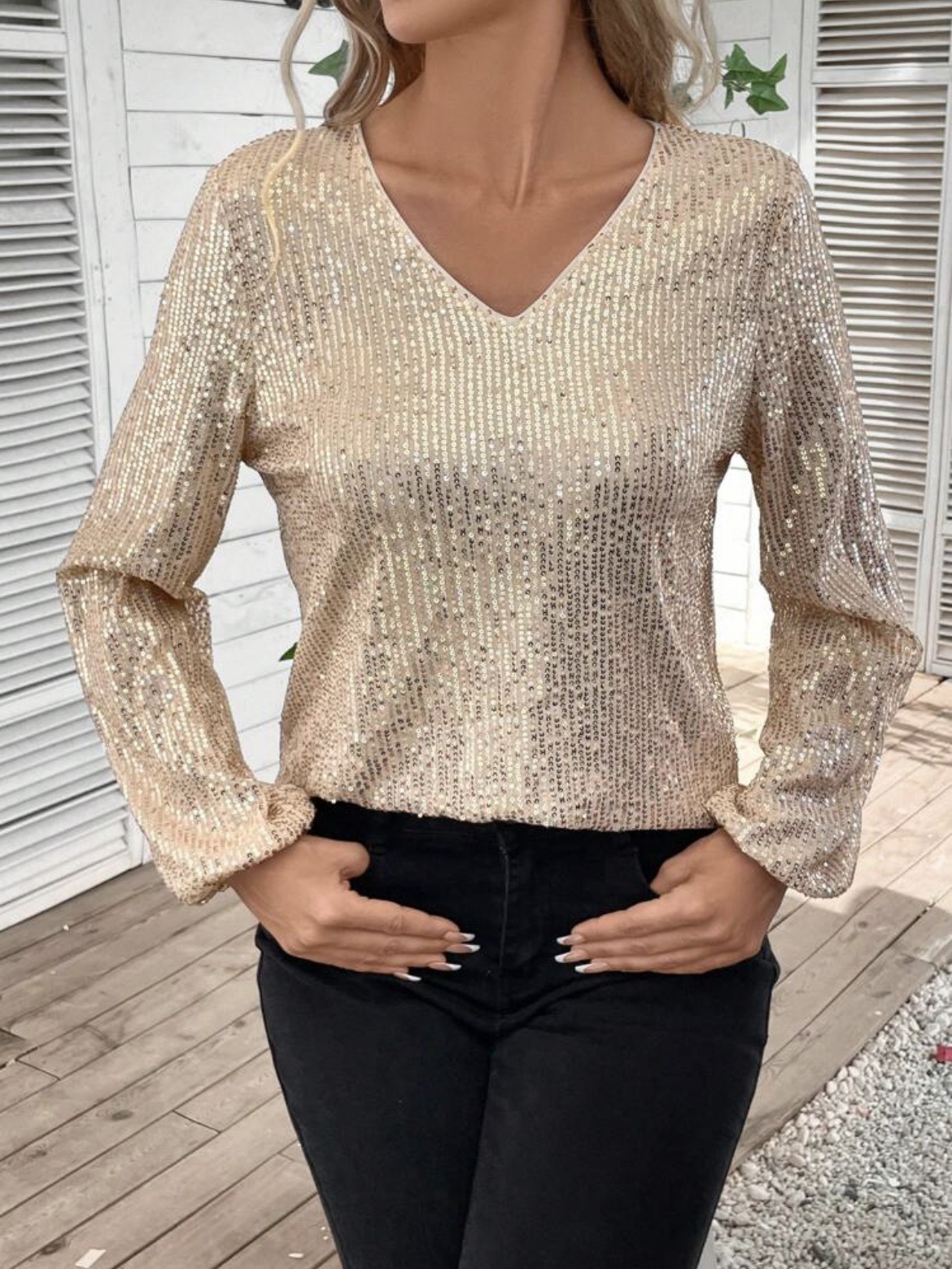 Elegant Women's V-neck Sequin Tunic Top, Long Sleeve Glitter Tee_voghion.com