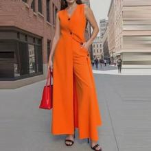 2025夏季纯色跨境女士时尚外贸无袖套装女长款上衣阔腿裤两件套女