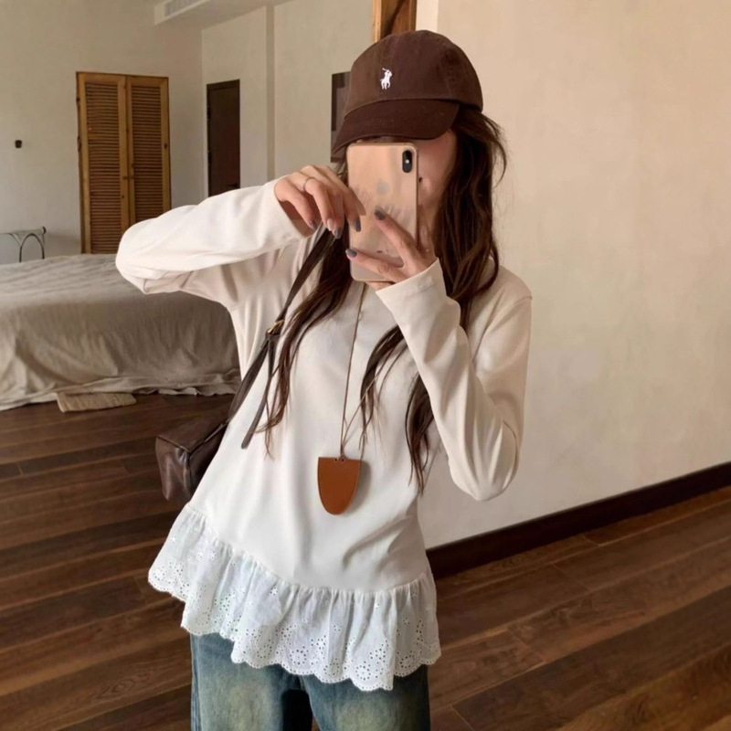 Korean Lace Splicing Long-Sleeved T-Shirt for Women in Autumn and Winter 2025 New Loose Slimming Look Bottoming Shirt with German Velvet Top Korean Lace Splicing Long-Sleeved T-Shirt for Women in Autumn and Winter 2025 New Loose Slimming Look Bottoming Shirt with German Velvet Top
