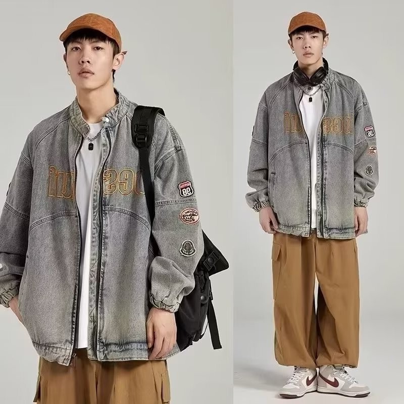 American retro motorcycle style Denim coat men's and women's 2024 spring and autumn coat jacket loose campus style top clothes men