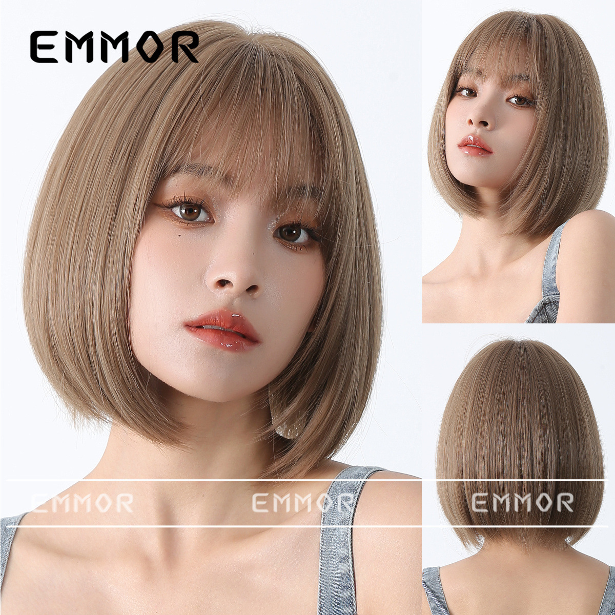 Peluca de color para mujer cabello corto verano Lolita Cabeza de onda diaria que reduce la edad Bangs recto mullido cubierta de cabeza completa natural