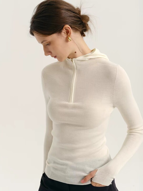 Hooded, slim-fit, half-zip wool knit sweater, women's autumn/winter inner layer, long-sleeved, new style, perfect for layering