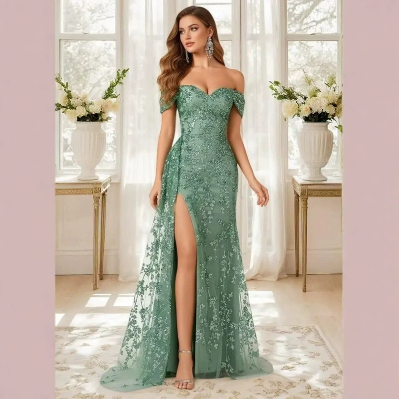 European and American cross-border cocktail dress, off-shoulder, with lace appliqué, slim fit, fishtail hem, long, for evening wear, export-quality, women's European and American cross-border cocktail dress, off-shoulder, with lace appliqué, slim fit, fishtail hem, long, for evening wear, export-quality, women's