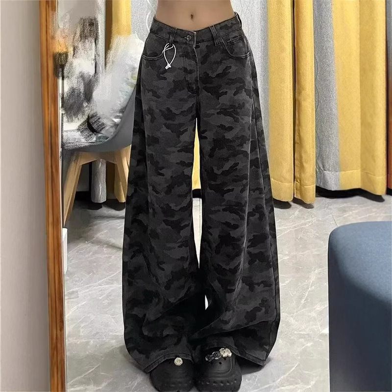 American Camouflage Jeans Women's High Waist Loose Spice Girl Wide Leg Straight Leg Pants Casual Trendy 2025 Summer New Arrival