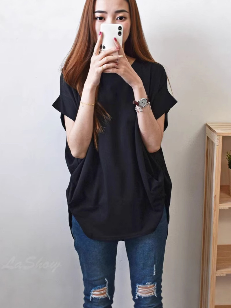 Cross-Border 2025 Summer New Loose Versatile Solid Color Plus-Size Round Neck Irregular Hem Top T-Shirt