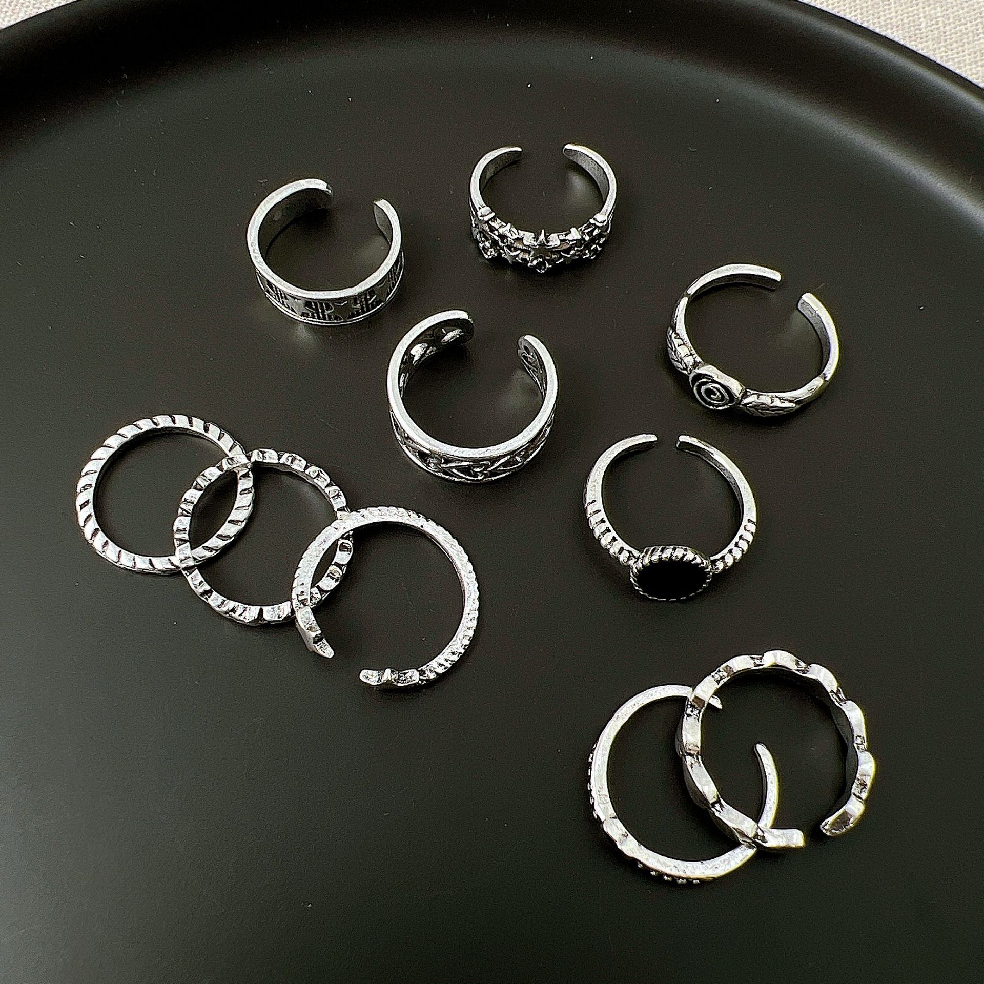Retro Distressed Ring Set 10-piece Punk Peach Heart Star Ring_voghion.com