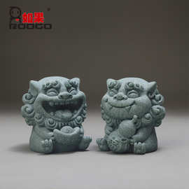 欢喜风狮爷吉祥物摆件国潮青砂石对狮小号桌面茶宠微景观装饰摆设