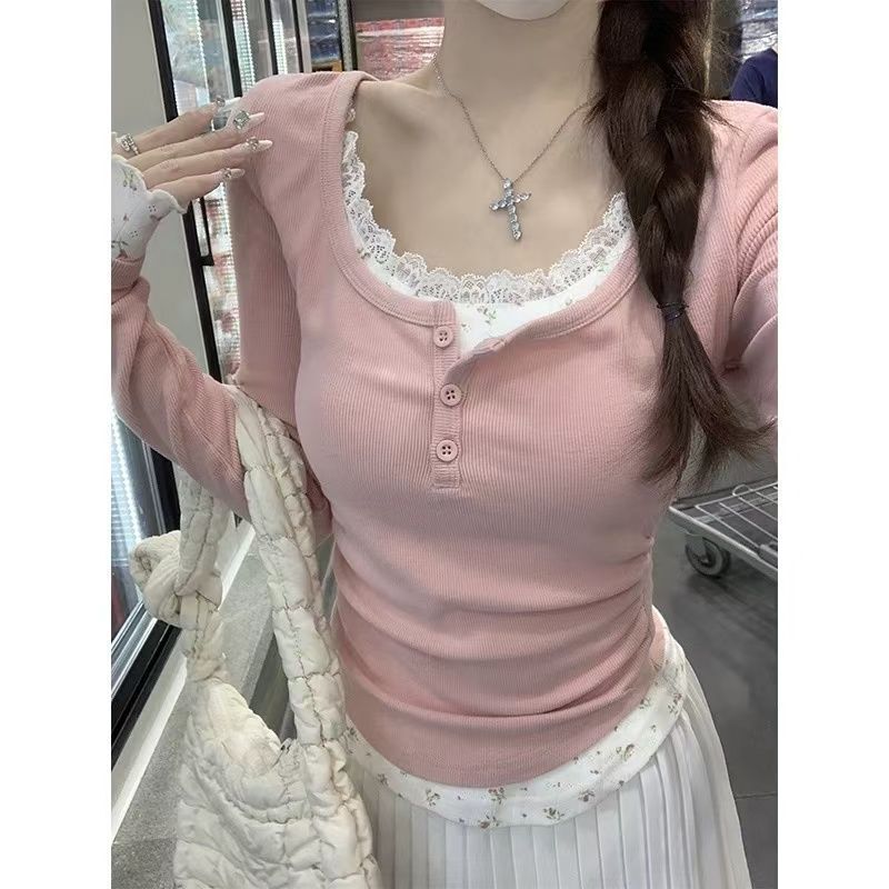 Sweet and Fairy-Like Pink Long-Sleeve Base Shirt T-Shirt, New Autumn and Winter Style, Slimming and Versatile, Faux Two-Piece Floral Top Sweet and Fairy-Like Pink Long-Sleeve Base Shirt T-Shirt, New Autumn and Winter Style, Slimming and Versatile, Faux Two-Piece Floral Top