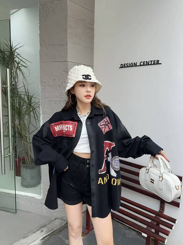 欧货酷飒重工牛仔衬衫女2025春秋新款大码中长款宽松百搭卡通外套|undefined