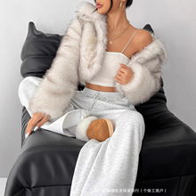 欧美跨境 女士优雅人造毛皮夹克柔软毛绒渐层领保暖短外套W0073
