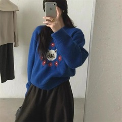 2025年秋季新款慵懒风高级感猫咪提花卡通克莱因蓝套头毛衣女