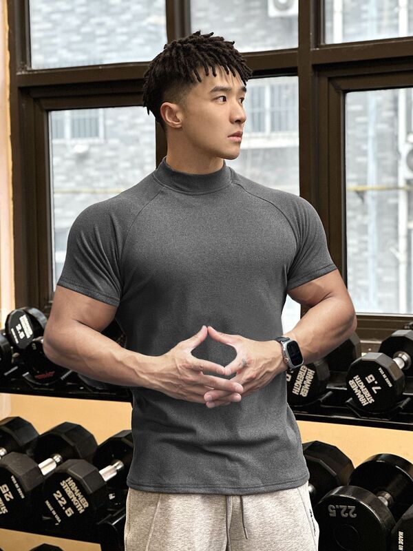 New Fitness Brothers Sports Men's T-shirt Autumn and Winter Velvet Crewneck Cotton Running Short Sleeve High Collar Top Casual