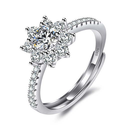 New high-end snowflake-shaped bloom ring, temperament tail ring, six-claw simple women's group inlaid zircon ring jewelry