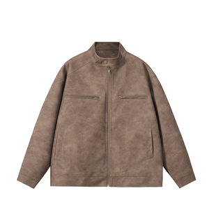 Vintage stand collar PU leather jacket men's and women's spring and autumn fashion brand American casual niche jacket lovers all-match motorcycle suit