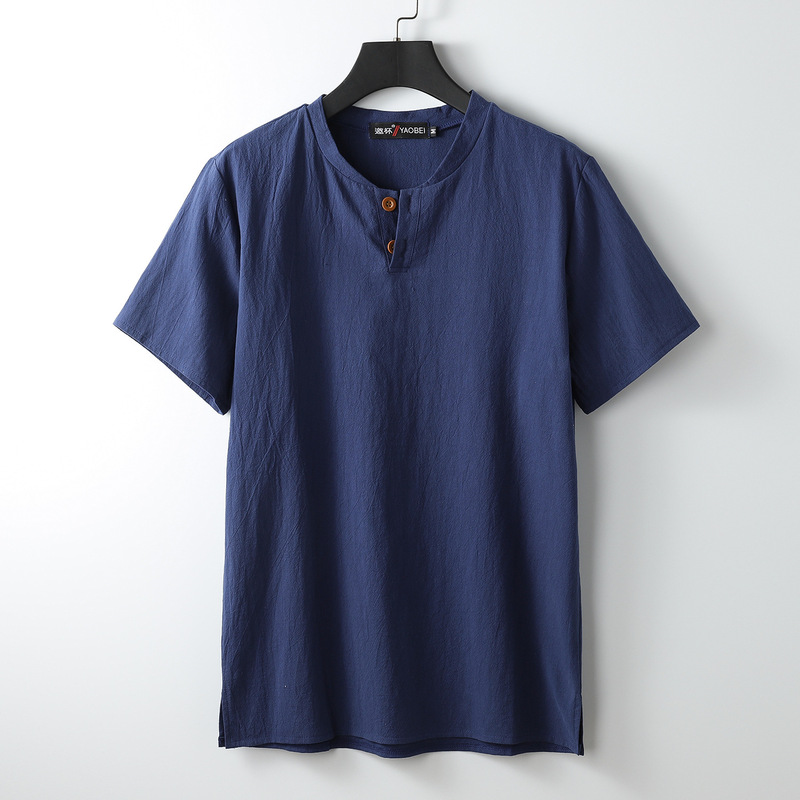 大きいサイズのメンズ中国風スリットスタンドカラー半袖ファットコットンとリネンの夏のTシャツルーズリネンVネック半袖|undefined