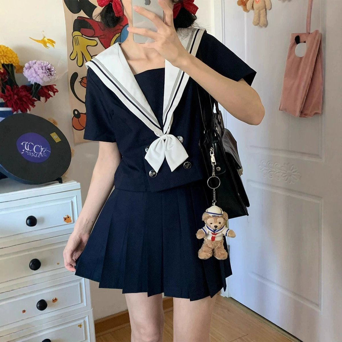 Настоящая базовая pleated юбка школьная, японская школьная юбка, форма, комплект, полный набор, с коротким рукавом