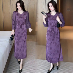 Retro long-sleeved printed dress for women's fashionable lace-up midi skirt for autumn new style waist-hugging satin cheongsam skirt