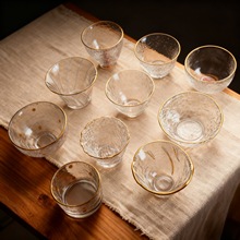 日式玻璃茶杯茶具套装家用小茶杯功夫锤纹金边主人杯品茗杯耐热