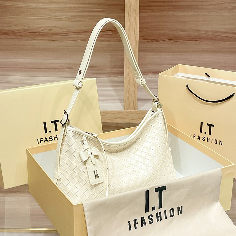 Túi tote nữ dệt vân cỡ lớn đi làm đeo vai — màu trắng ngà, màu đen, màu xám