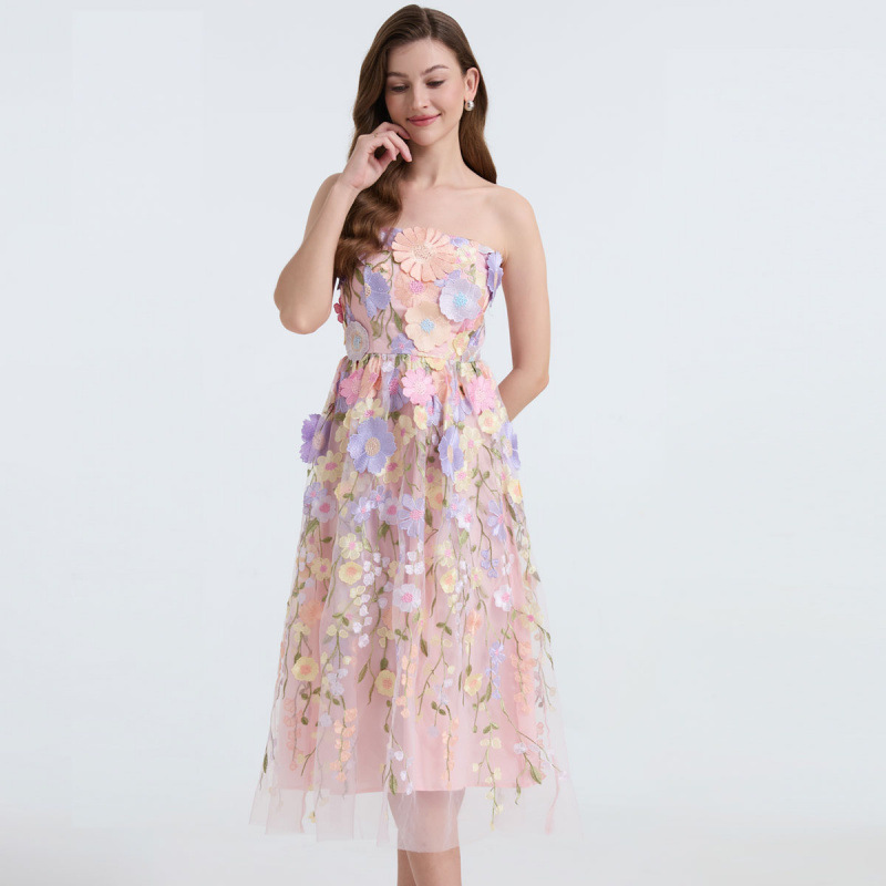 Foreign Trade Heavy Embroidery Three-Dimensional Appliqué Summer Sexy Strapless Dress Gown with Optional Transparent Shoulder Straps