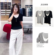 25早秋松弛感U领撞色假两件精纺羊毛针织女装短袖通勤休闲套衫