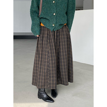 江左 日系复古格纹内里加绒加厚半身裙女冬季高腰显瘦A字伞裙6381