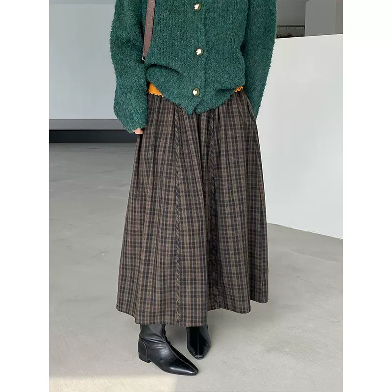 江左 日系复古格纹内里加绒加厚半身裙女冬季高腰显瘦A字伞裙6381