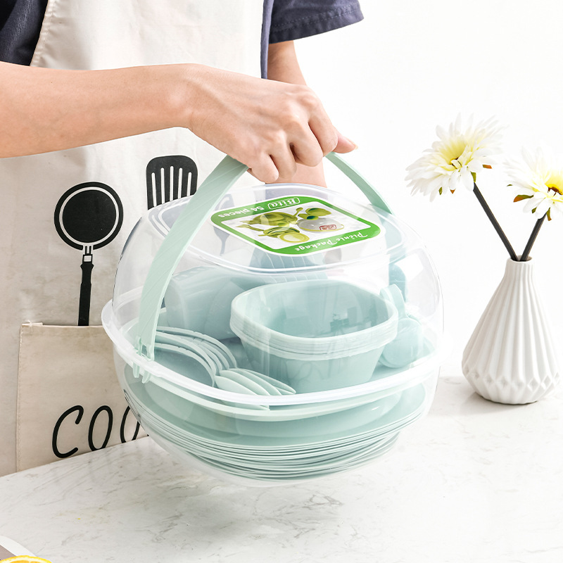 Outdoor portable plastic tableware set 54 piece set camping tableware picnic box set