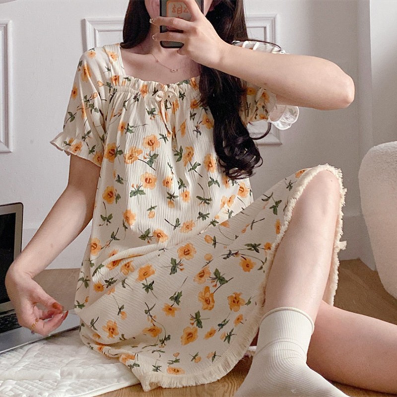 Pijama de verano mujer algodón vestido largo flores dulces dibujos animados ropa para el hogar vestido de pijama nuevo comercio exterior