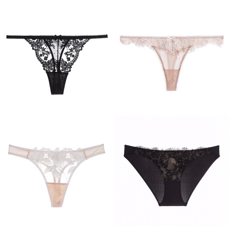 Eyelash Lace Panties for Women, Low-Waist Women's Thong, Sheer Cotton Crotch T-Pants, Floral Bikini