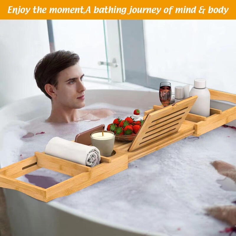 Bathtub Stand, Wine Glass Holder, Bookshelf, Tray Suitable for Bathroom Spa, Wooden Tabletop, Extendable Storage Rack, No Drilling Required