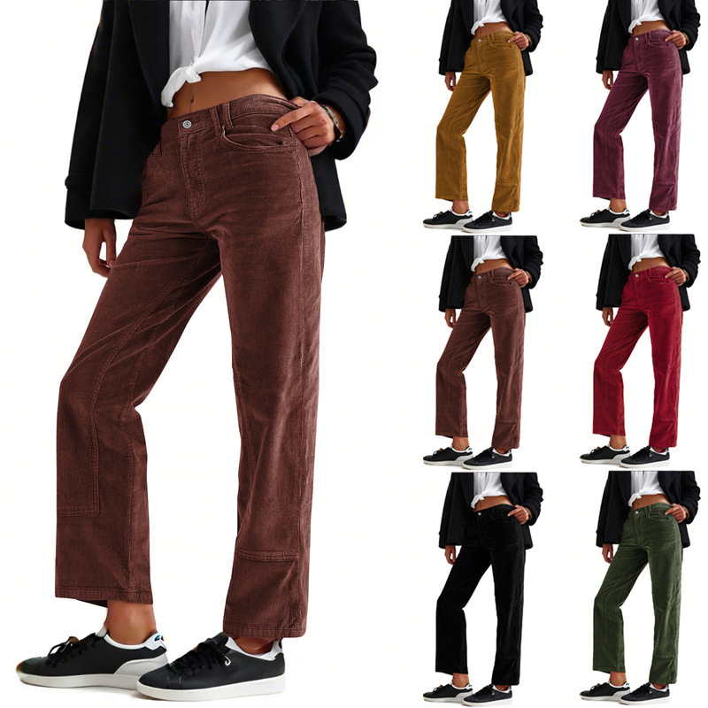 Amazon European and American Women's Retro Corduroy Vertical Pocket Design Small Straight Casual Women's Pants